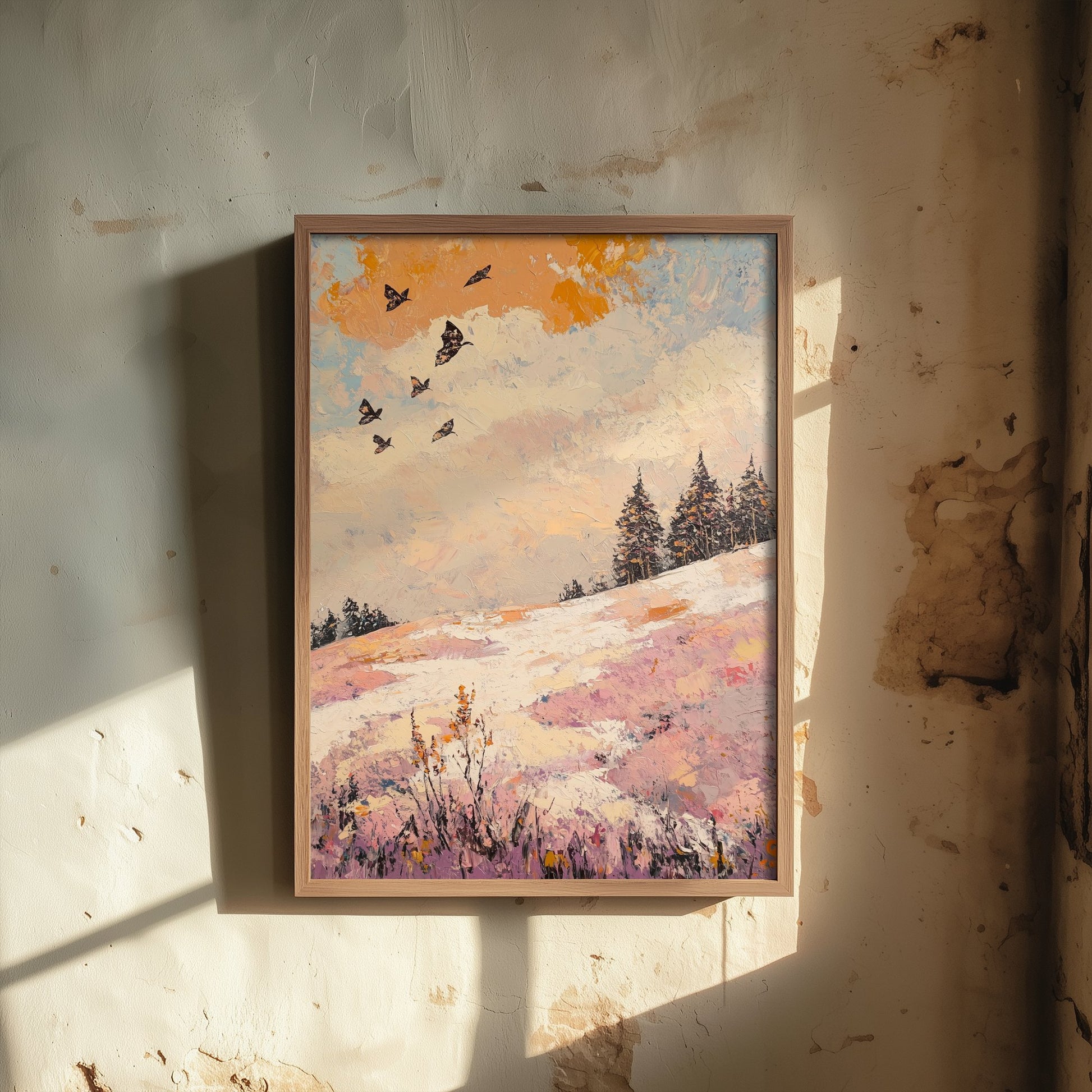 Rolling Hills Landscape Art Print - Butterfly Meadow Poster - Folk Art Painting - Mauve Bronze and Snow 2/3