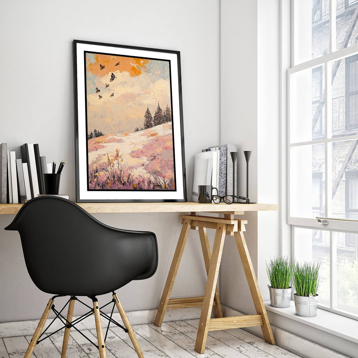 Rolling Hills Landscape Art Print - Butterfly Meadow Poster - Folk Art Painting - Mauve Bronze and Snow 2/3