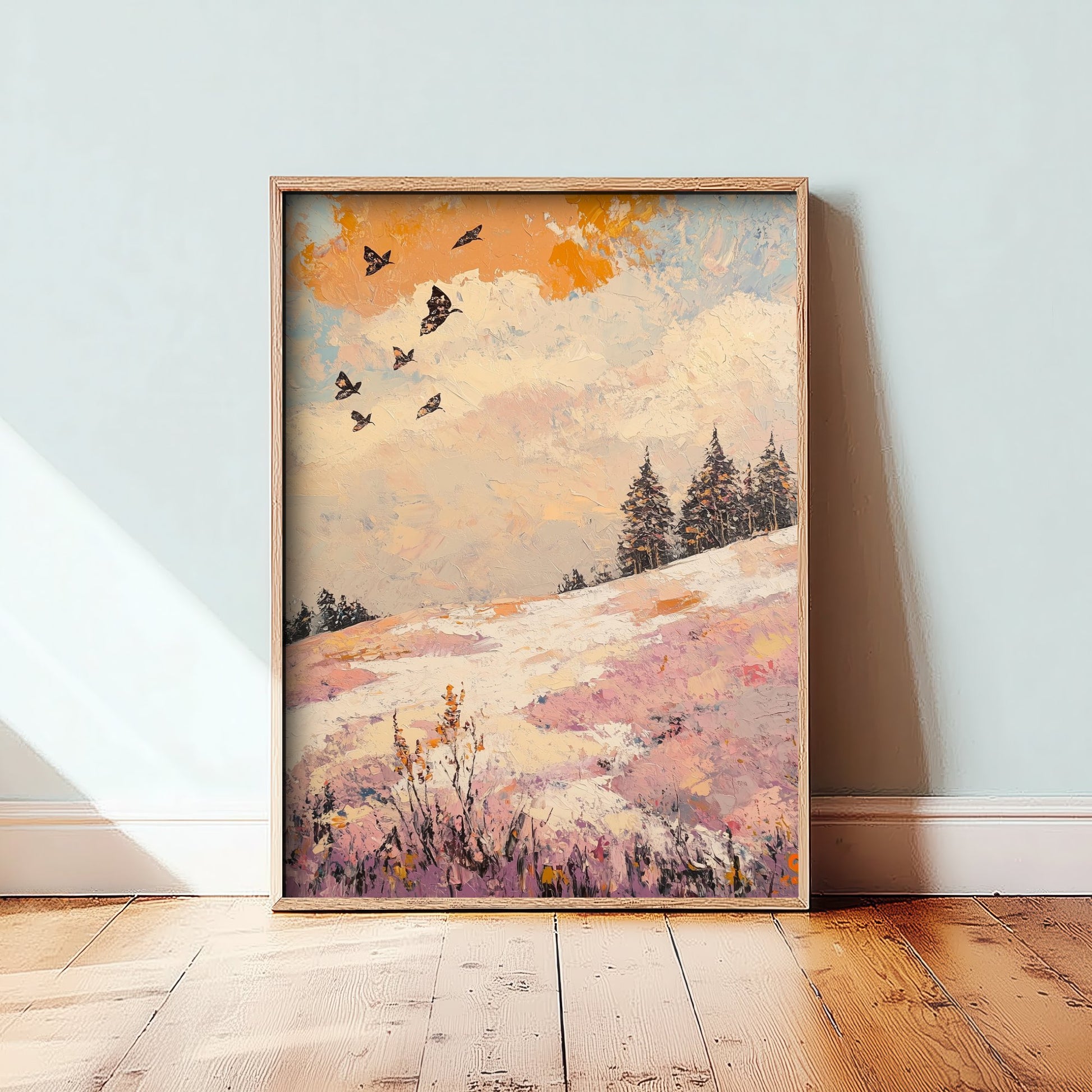 Rolling Hills Landscape Art Print - Butterfly Meadow Poster - Folk Art Painting - Mauve Bronze and Snow 2/3