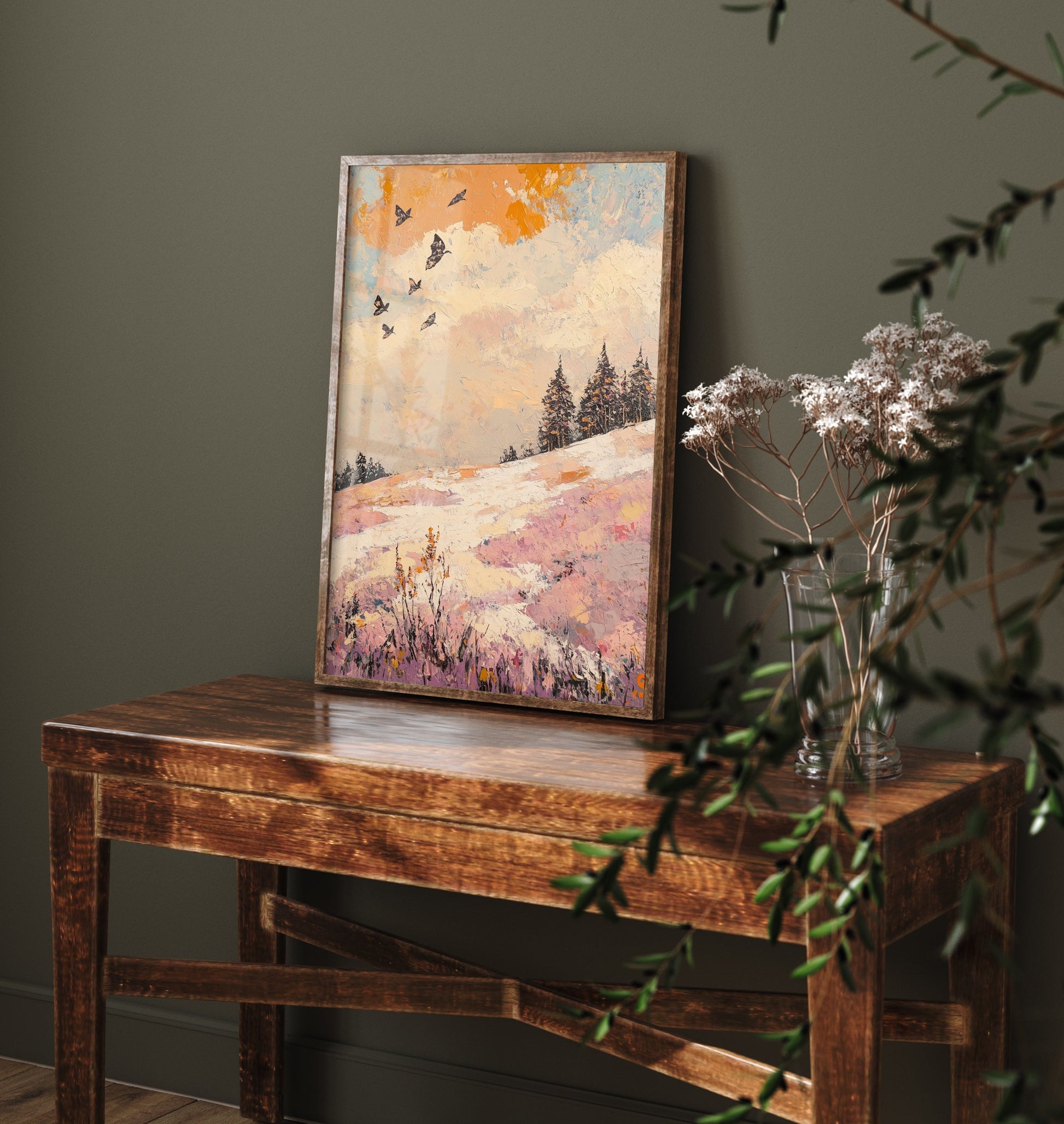 Rolling Hills Landscape Art Print - Butterfly Meadow Poster - Folk Art Painting - Mauve Bronze and Snow 2/3