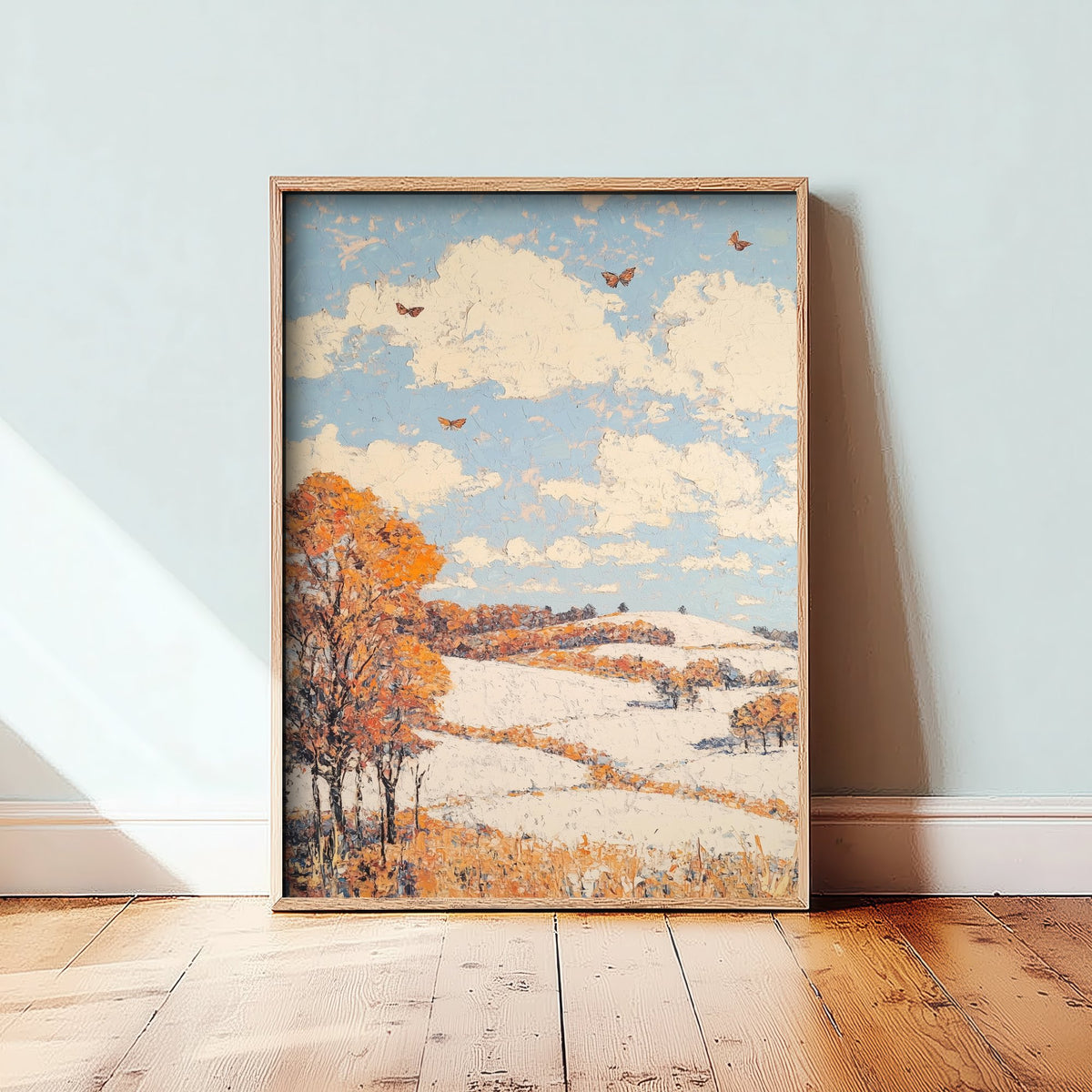 Rolling Hills Landscape Art Print - Butterfly Meadow Poster - Folk Art Painting - Mauve Bronze and Snow 3/3