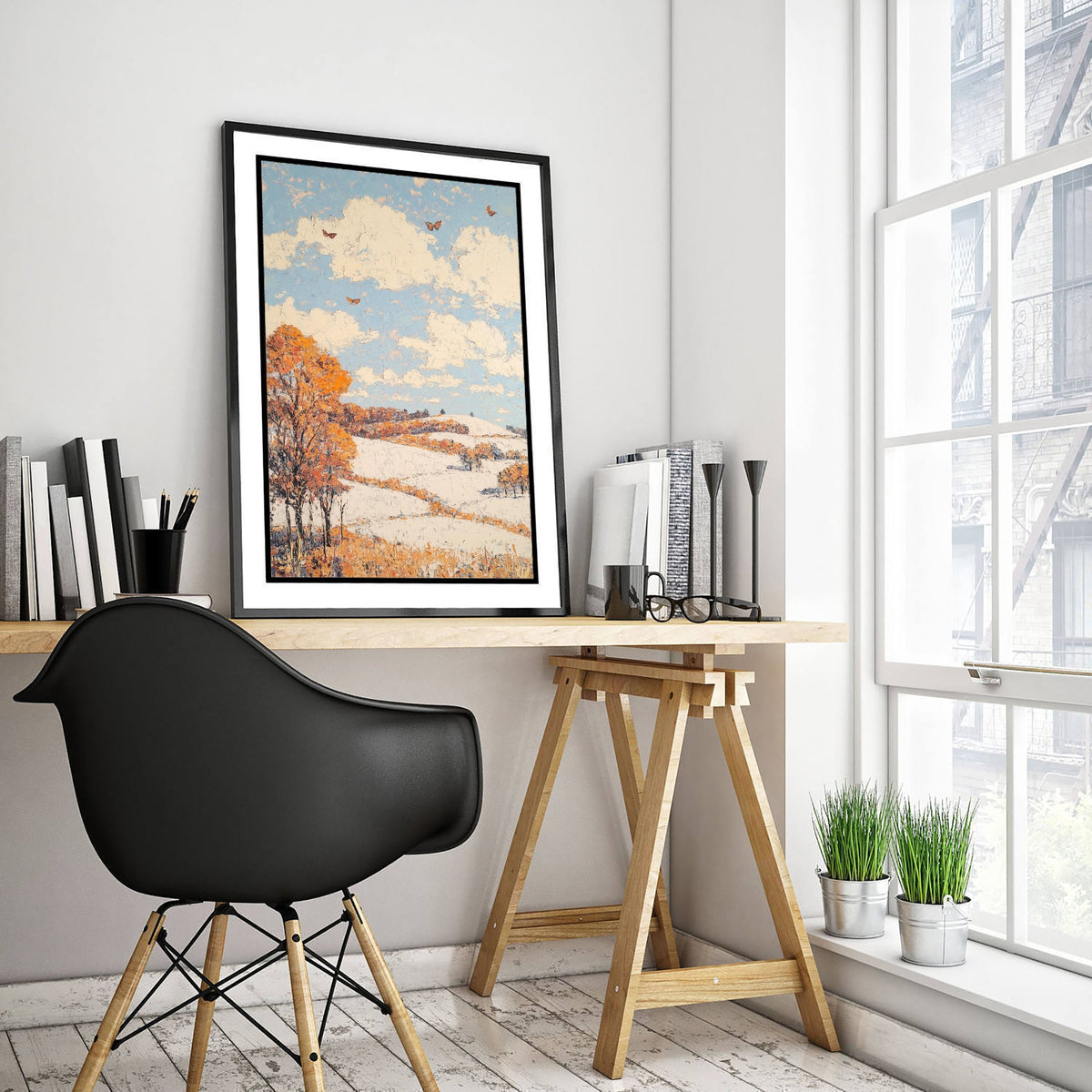 Rolling Hills Landscape Art Print - Butterfly Meadow Poster - Folk Art Painting - Mauve Bronze and Snow 3/3