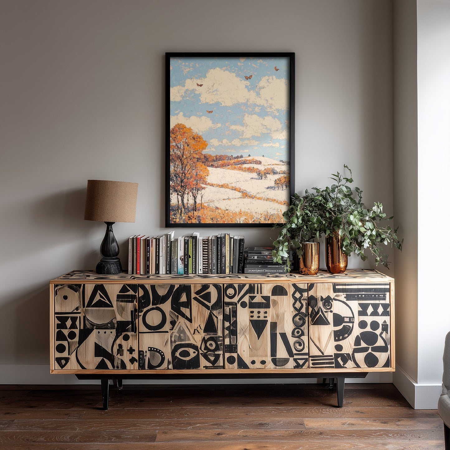 Rolling Hills Landscape Art Print - Butterfly Meadow Poster - Folk Art Painting - Mauve Bronze and Snow 3/3