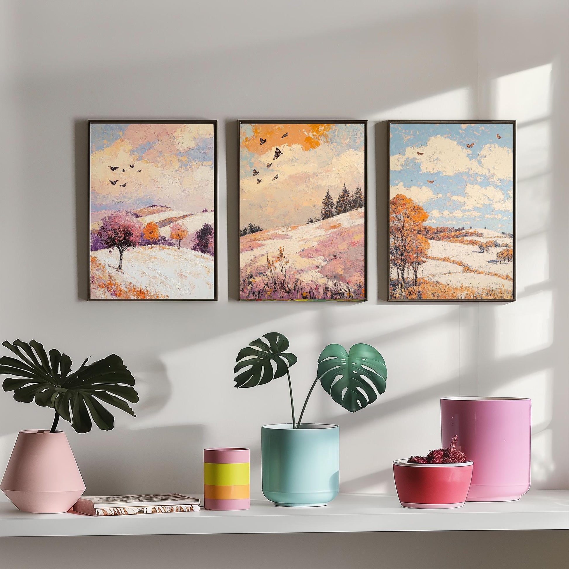 Rolling Hills Butterfly Set of Three Art Prints - Mauve Bronze and Snow - Folk Meadow Poster Illustration Gift