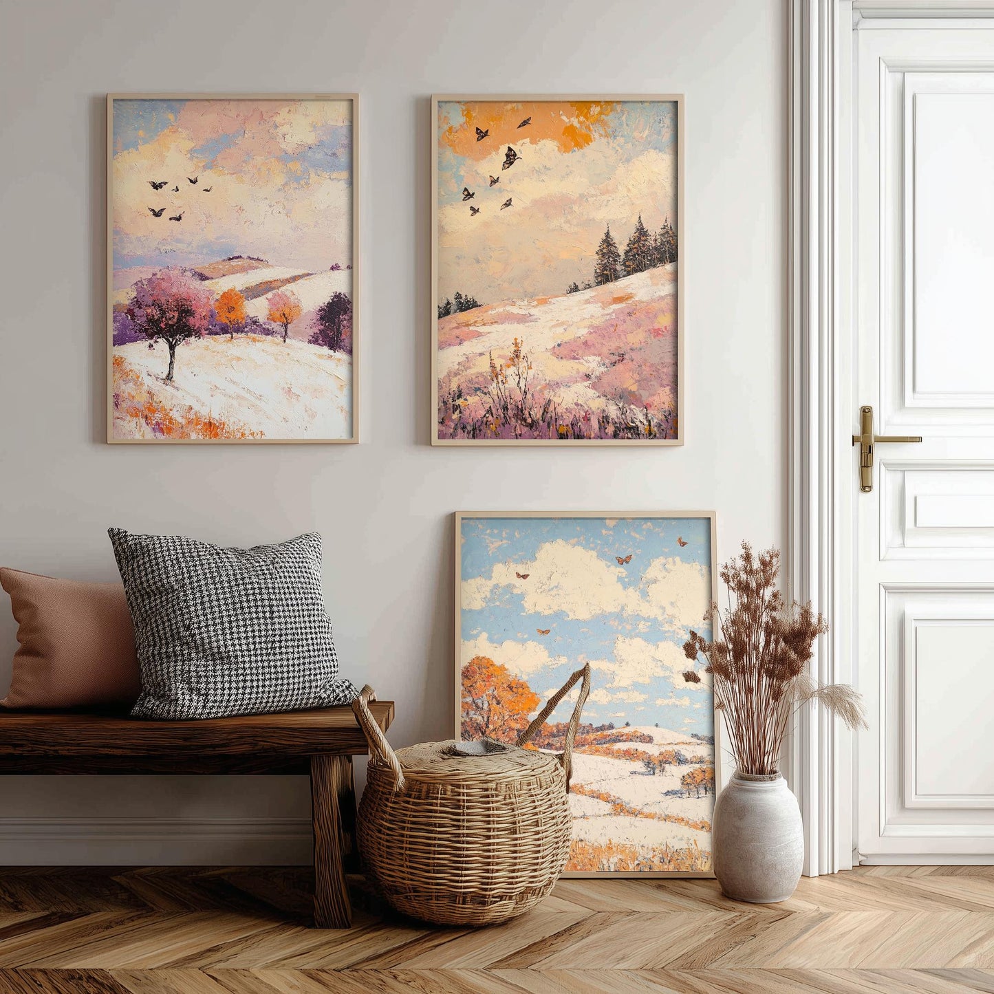 Rolling Hills Butterfly Set of Three Art Prints - Mauve Bronze and Snow - Folk Meadow Poster Illustration Gift