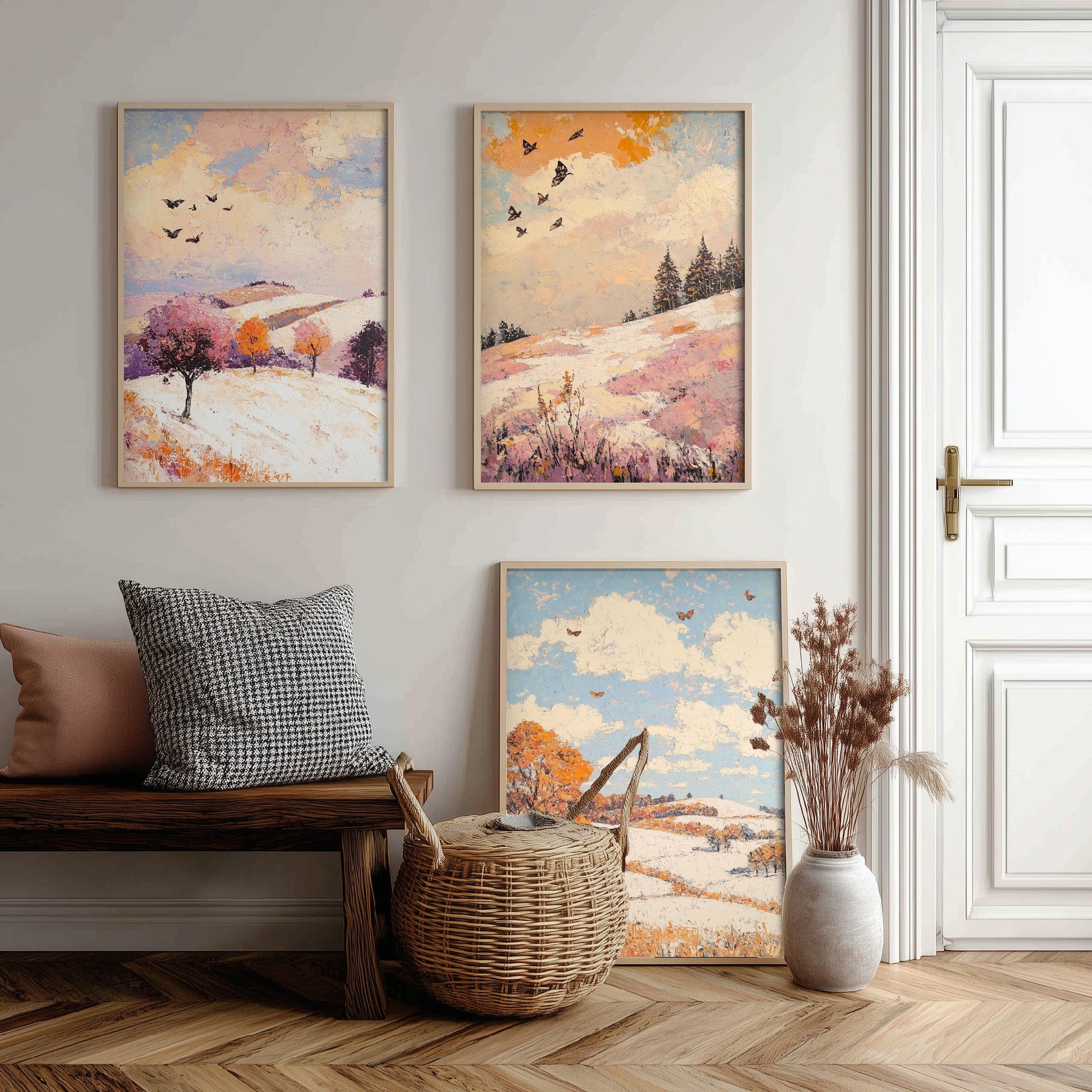 Rolling Hills Butterfly Set of Three Art Prints - Mauve Bronze and Snow - Folk Meadow Poster Illustration Gift