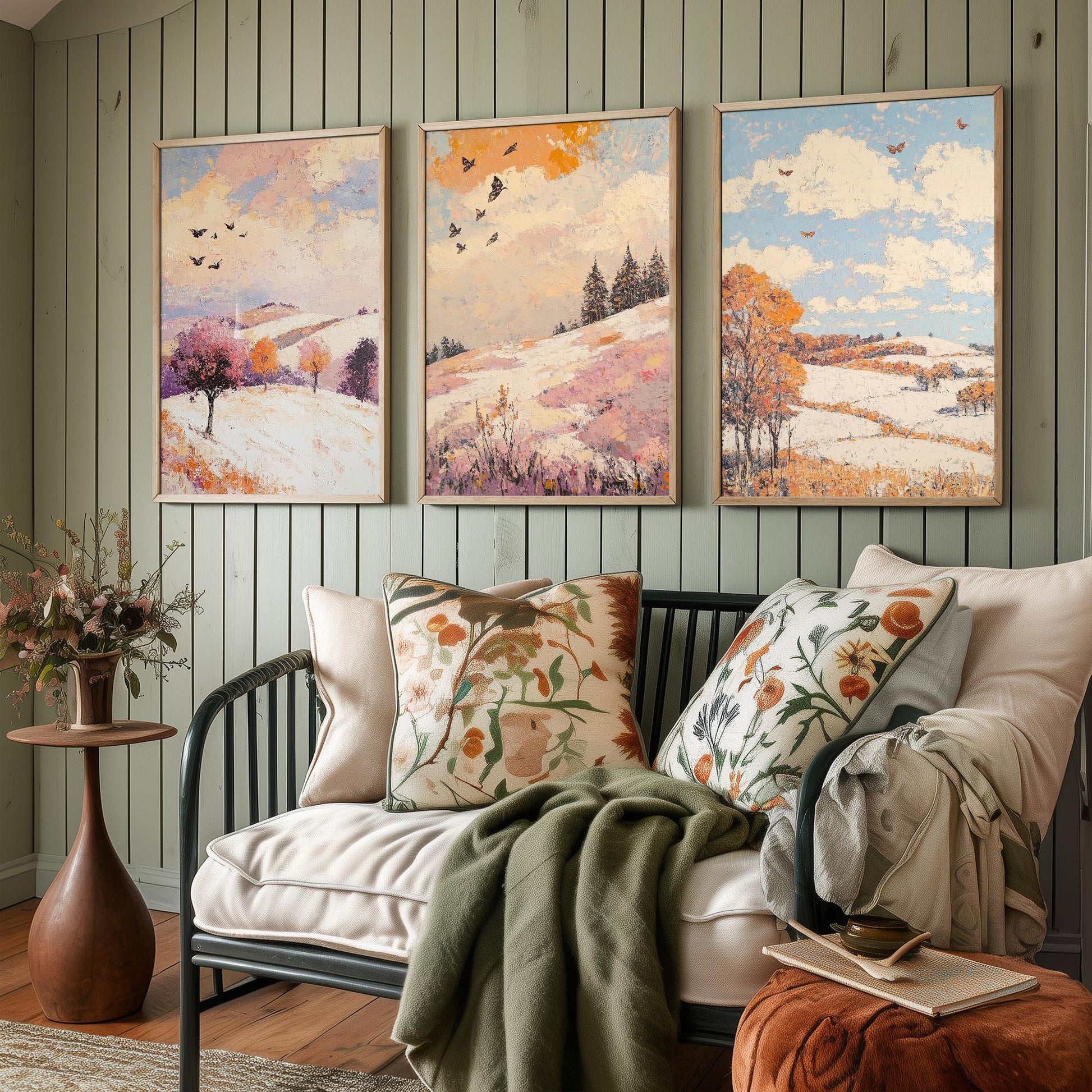 Rolling Hills Butterfly Set of Three Art Prints - Mauve Bronze and Snow - Folk Meadow Poster Illustration Gift