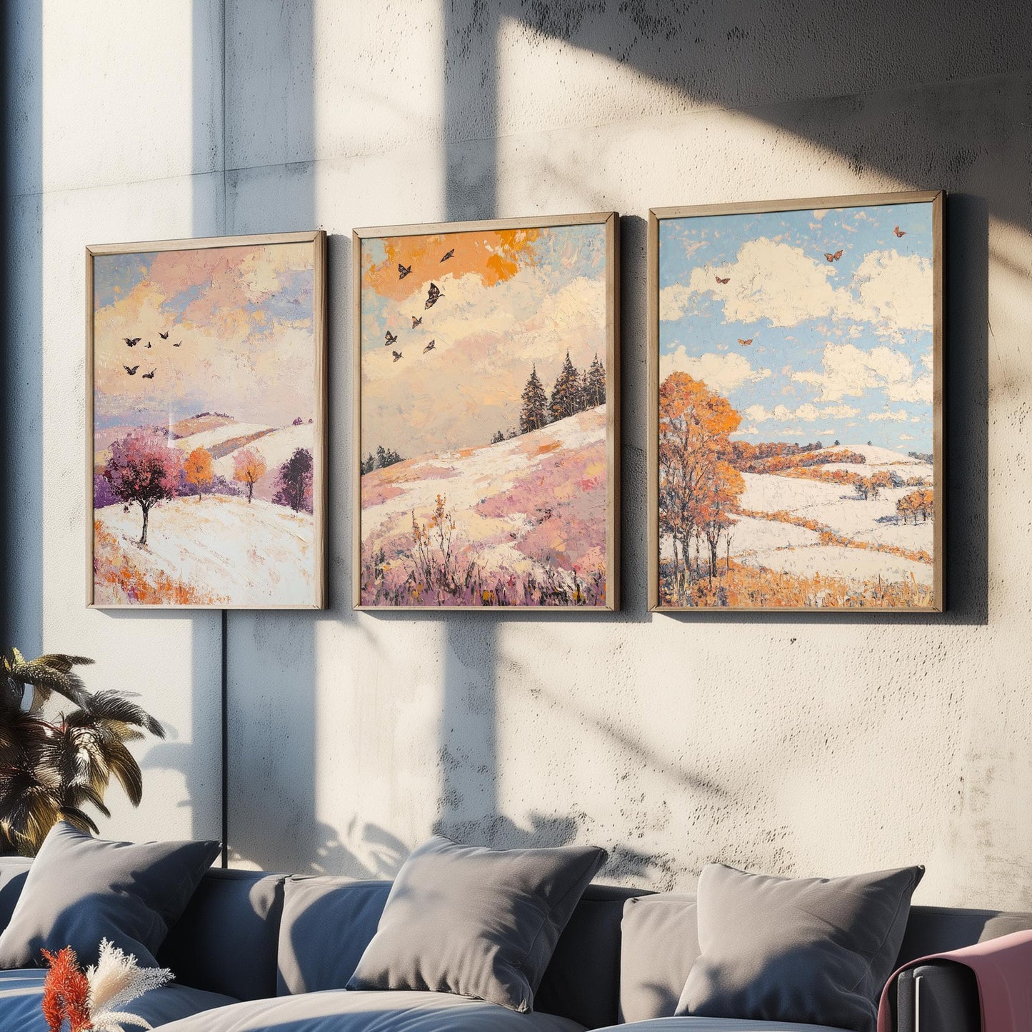 Rolling Hills Butterfly Set of Three Art Prints - Mauve Bronze and Snow - Folk Meadow Poster Illustration Gift
