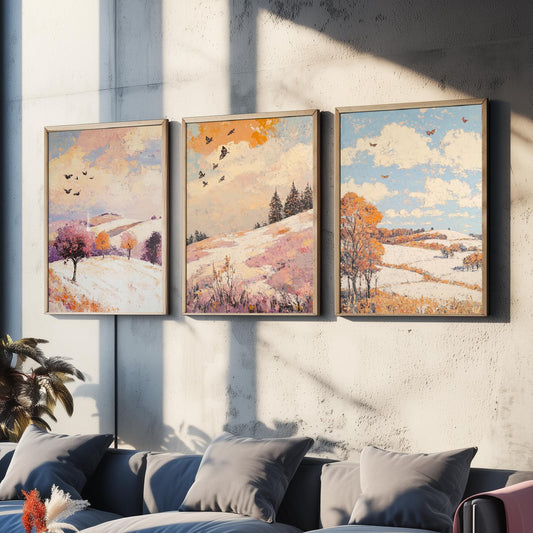 Rolling Hills Butterfly Set of Three Art Prints - Mauve Bronze and Snow - Folk Meadow Poster Illustration Gift