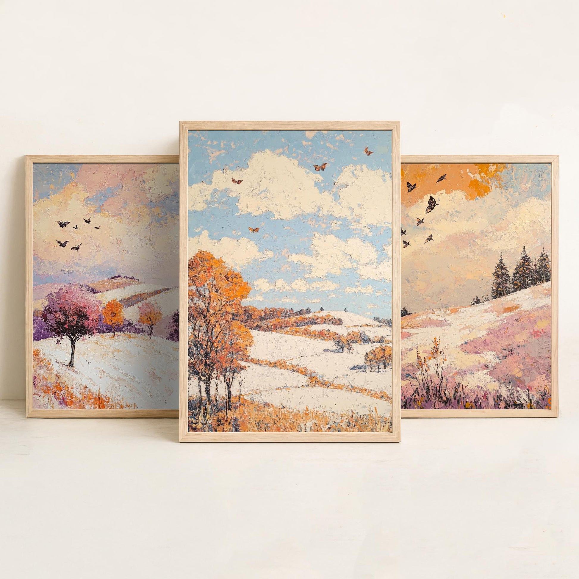 Rolling Hills Butterfly Set of Three Art Prints - Mauve Bronze and Snow - Folk Meadow Poster Illustration Gift