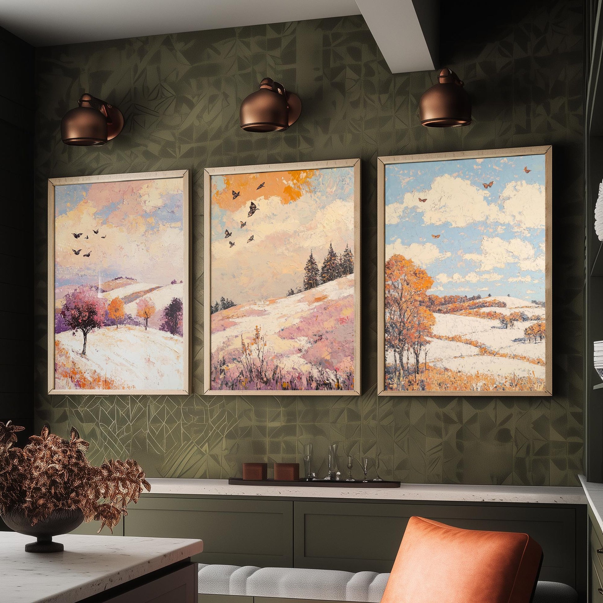 Rolling Hills Butterfly Set of Three Art Prints - Mauve Bronze and Snow - Folk Meadow Poster Illustration Gift