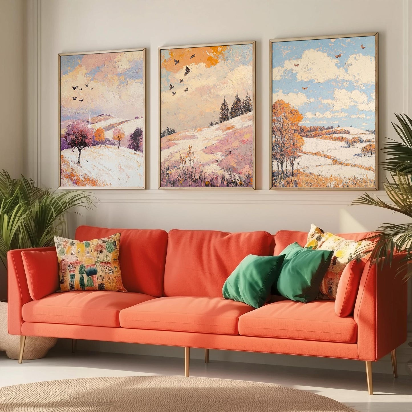 Rolling Hills Butterfly Set of Three Art Prints - Mauve Bronze and Snow - Folk Meadow Poster Illustration Gift
