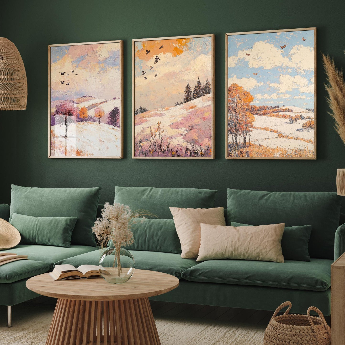 Rolling Hills Butterfly Set of Three Art Prints - Mauve Bronze and Snow - Folk Meadow Poster Illustration Gift