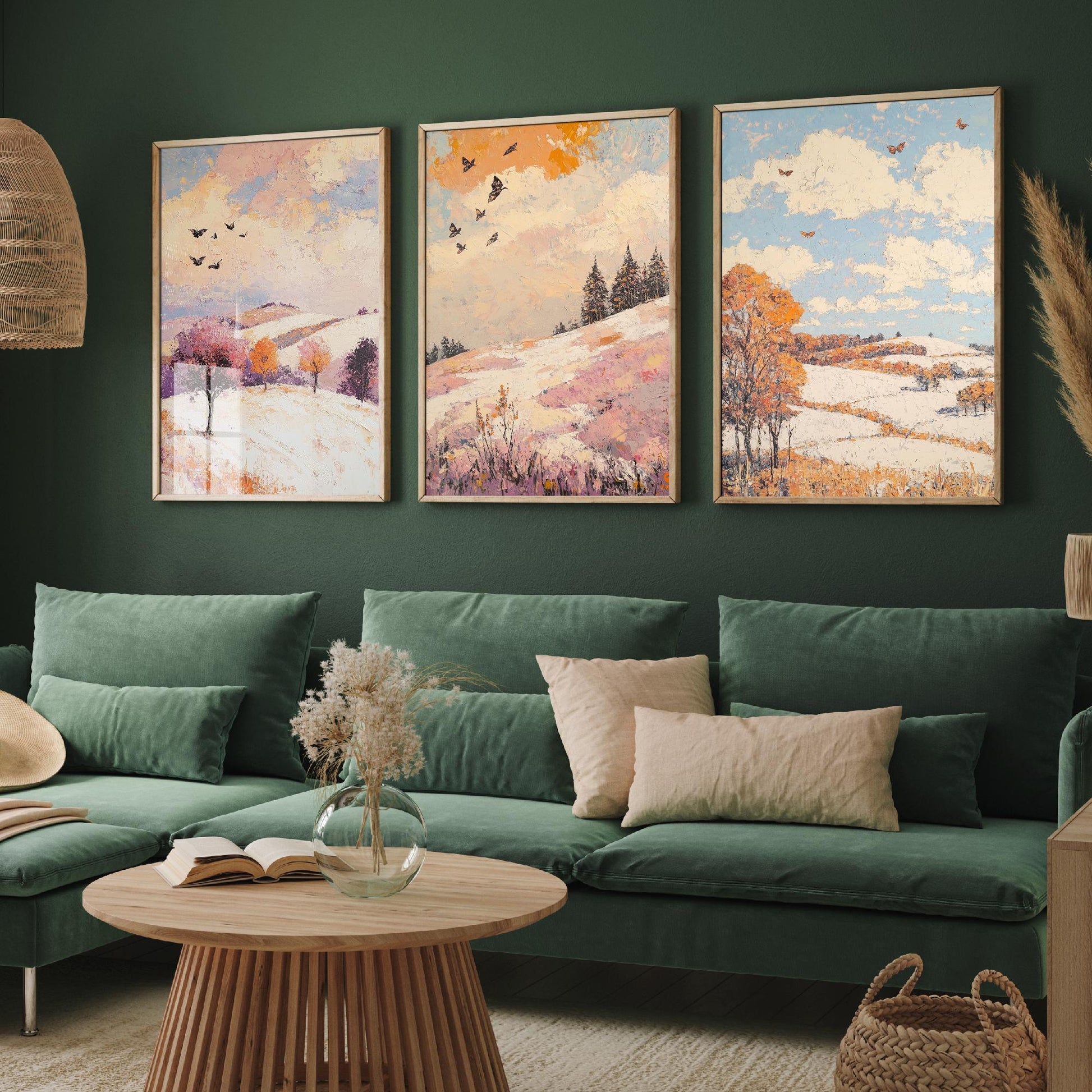 Rolling Hills Butterfly Set of Three Art Prints - Mauve Bronze and Snow - Folk Meadow Poster Illustration Gift