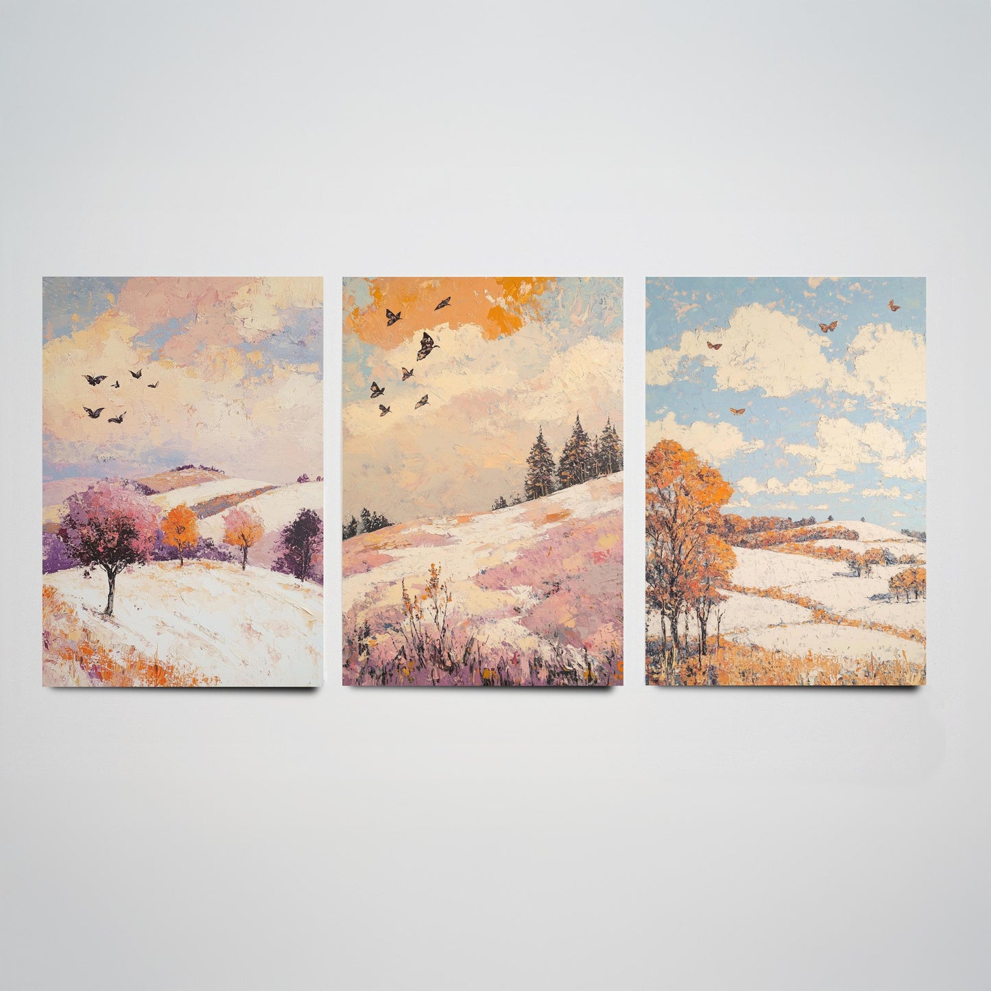 Rolling Hills Butterfly Set of Three Art Prints - Mauve Bronze and Snow - Folk Meadow Poster Illustration Gift