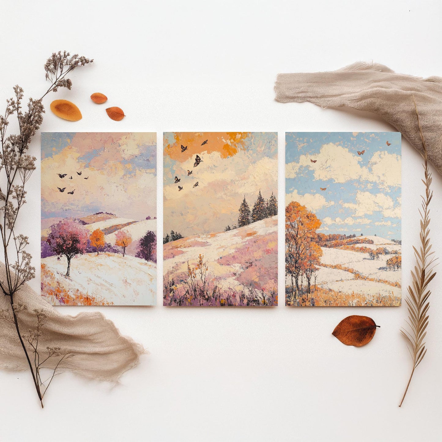 Rolling Hills Butterfly Set of Three Art Prints - Mauve Bronze and Snow - Folk Meadow Poster Illustration Gift