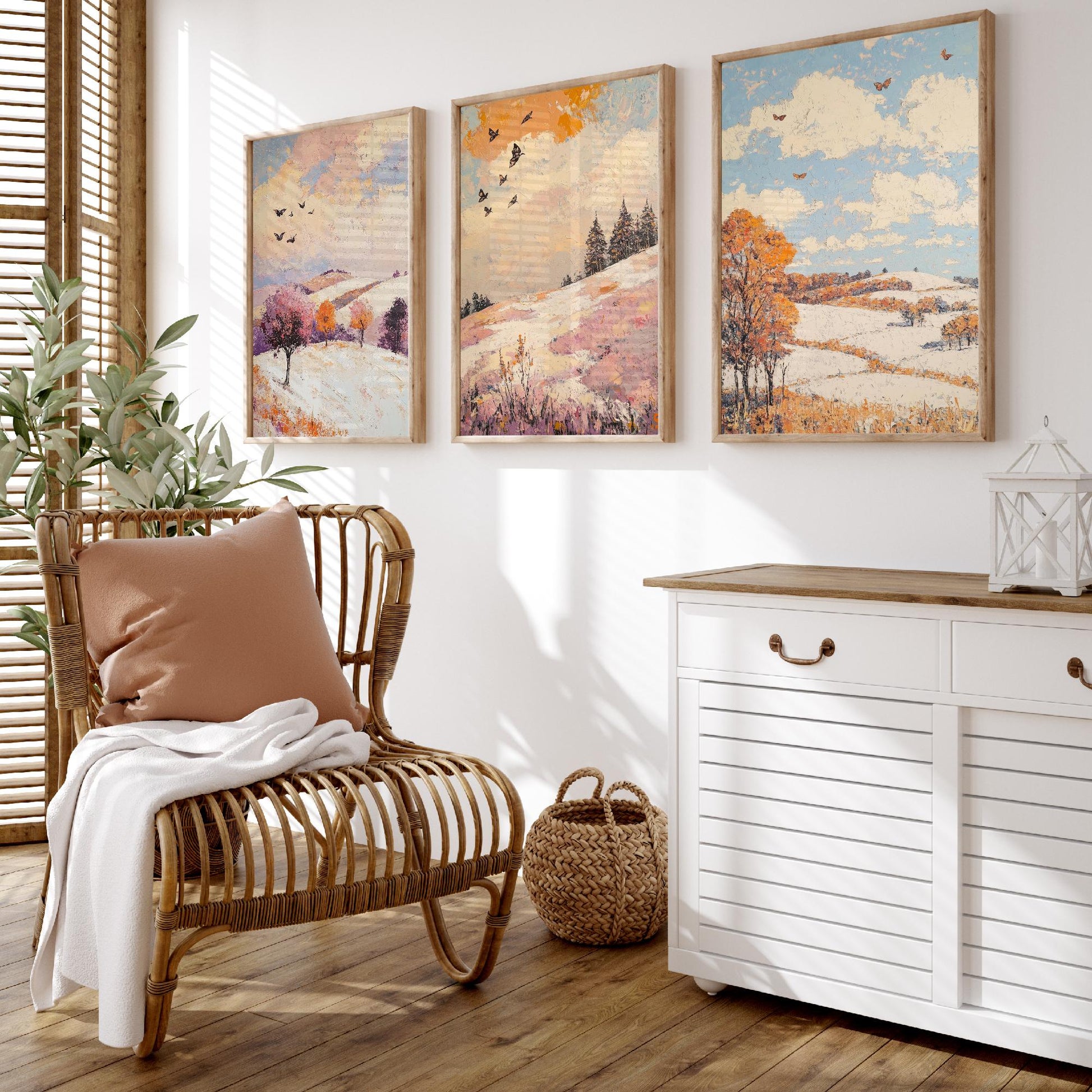 Rolling Hills Butterfly Set of Three Art Prints - Mauve Bronze and Snow - Folk Meadow Poster Illustration Gift