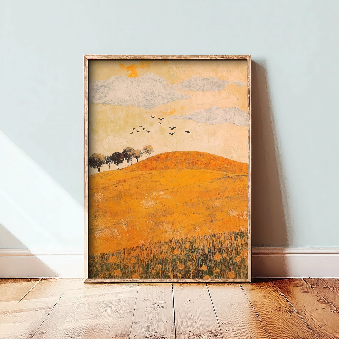 Rolling Hills Landscape Art Print - Butterfly Meadow Poster - Folk Art Painting - Melon Umber and Quartz 1/3