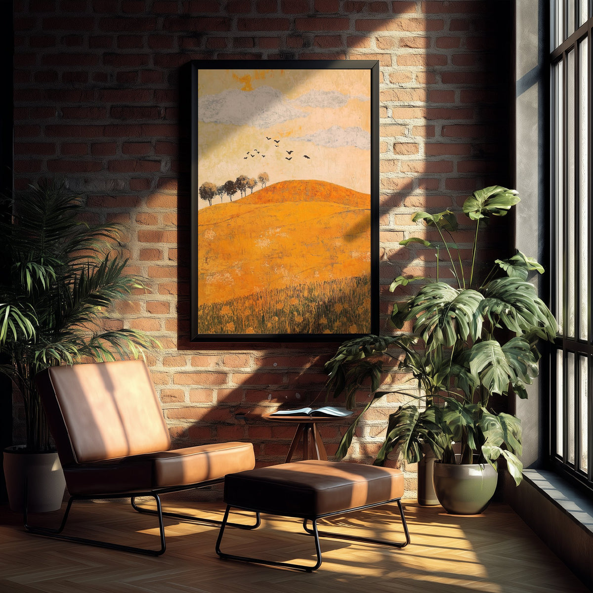 Rolling Hills Landscape Art Print - Butterfly Meadow Poster - Folk Art Painting - Melon Umber and Quartz 1/3