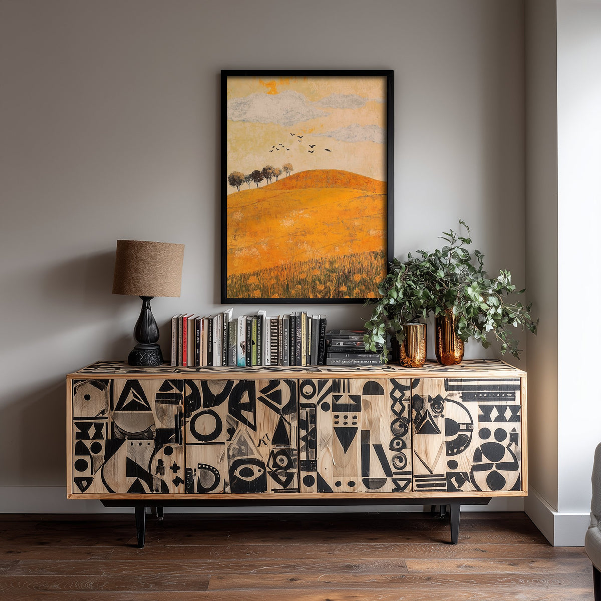 Rolling Hills Landscape Art Print - Butterfly Meadow Poster - Folk Art Painting - Melon Umber and Quartz 1/3