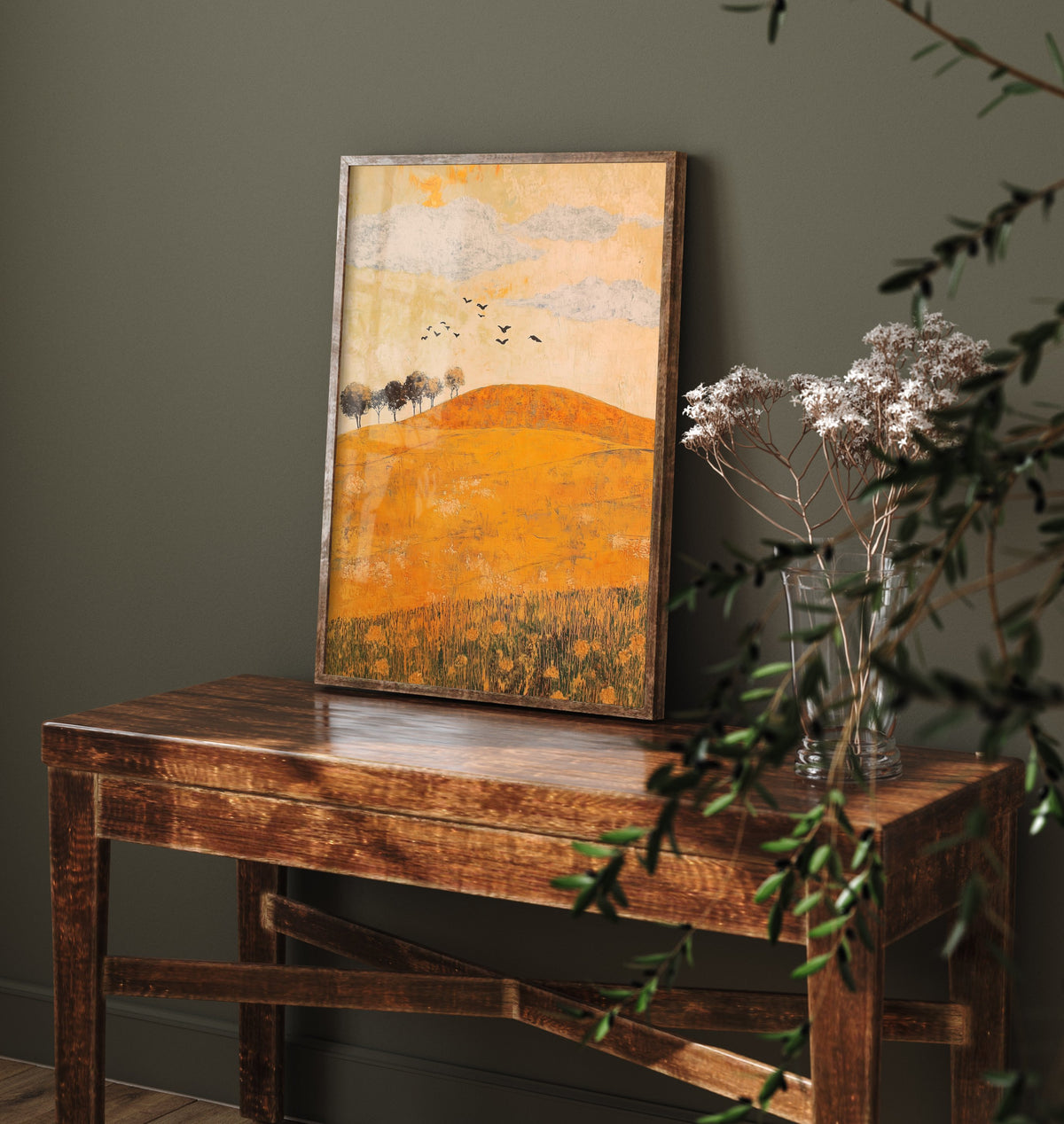 Rolling Hills Landscape Art Print - Butterfly Meadow Poster - Folk Art Painting - Melon Umber and Quartz 1/3