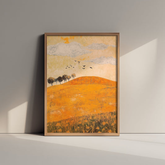 Rolling Hills Landscape Art Print - Butterfly Meadow Poster - Folk Art Painting - Melon Umber and Quartz 1/3