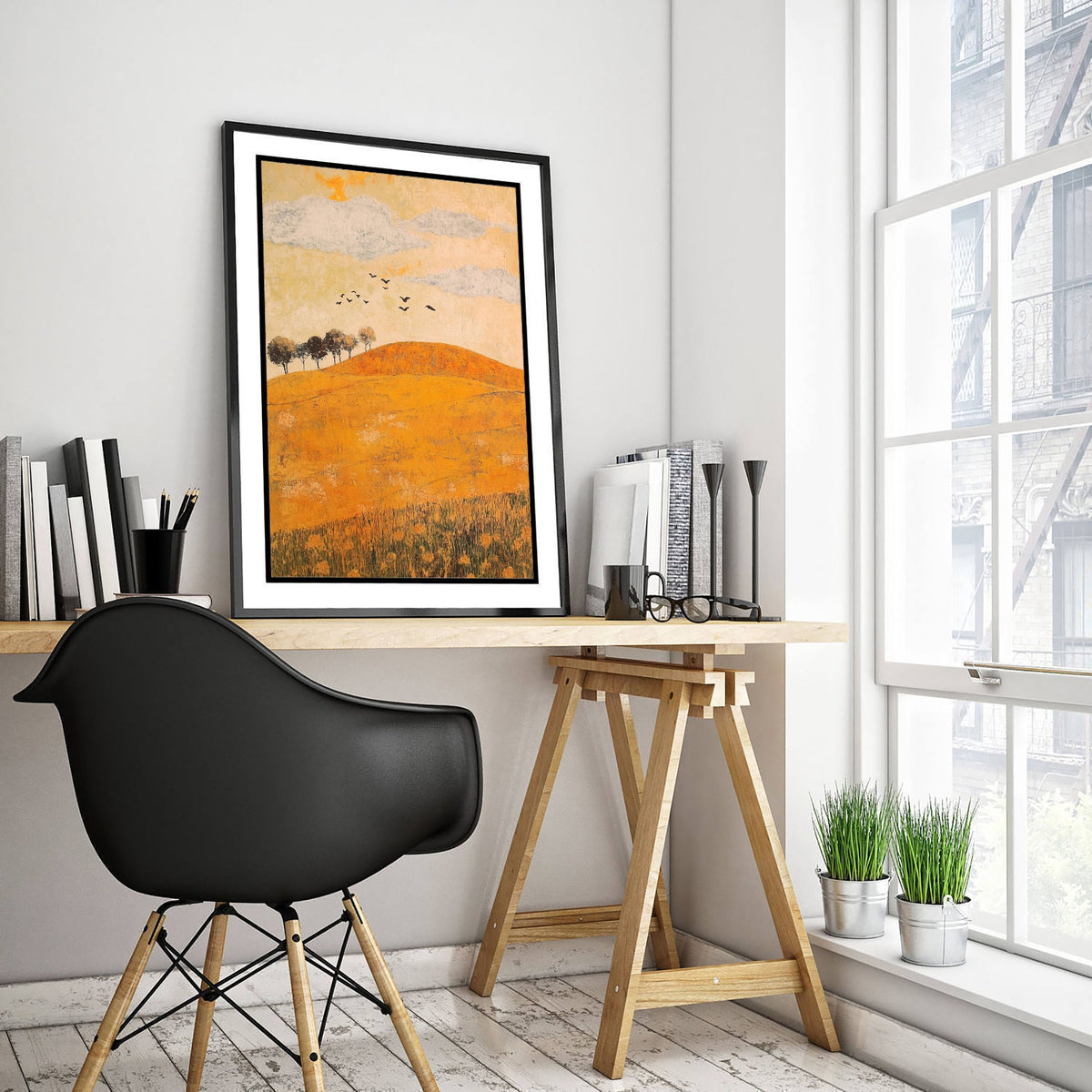 Rolling Hills Landscape Art Print - Butterfly Meadow Poster - Folk Art Painting - Melon Umber and Quartz 1/3