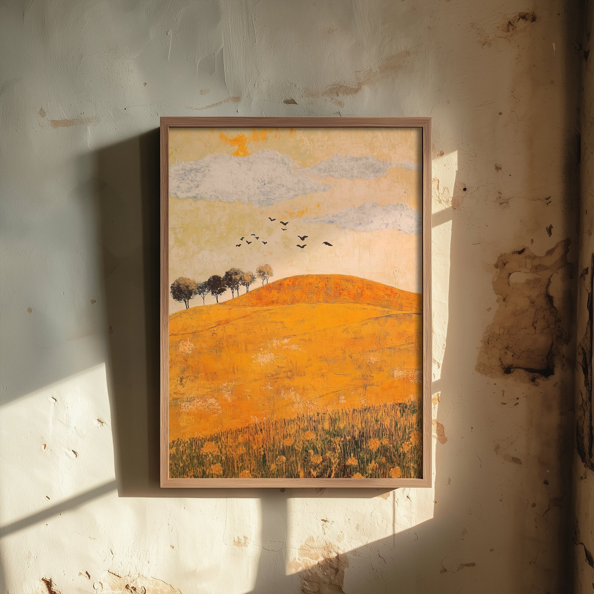 Rolling Hills Landscape Art Print - Butterfly Meadow Poster - Folk Art Painting - Melon Umber and Quartz 1/3