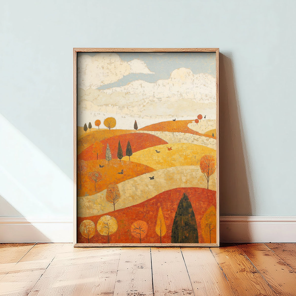 Rolling Hills Landscape Art Print - Butterfly Meadow Poster - Folk Art Painting - Melon Umber and Quartz 2/3