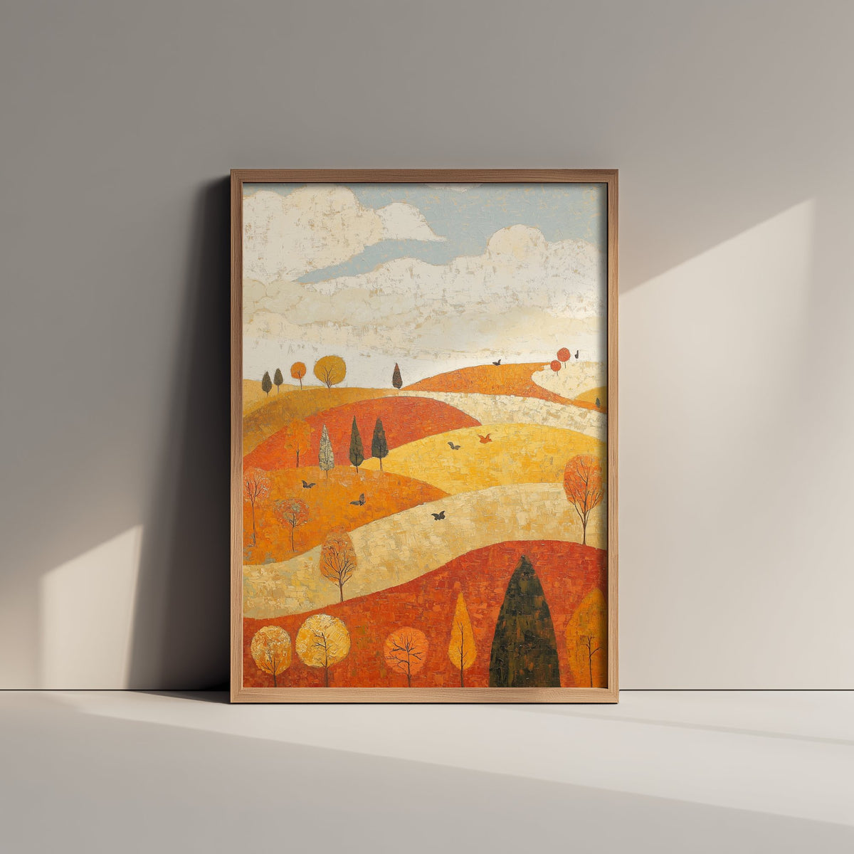 Rolling Hills Landscape Art Print - Butterfly Meadow Poster - Folk Art Painting - Melon Umber and Quartz 2/3