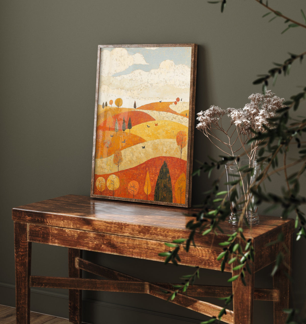 Rolling Hills Landscape Art Print - Butterfly Meadow Poster - Folk Art Painting - Melon Umber and Quartz 2/3