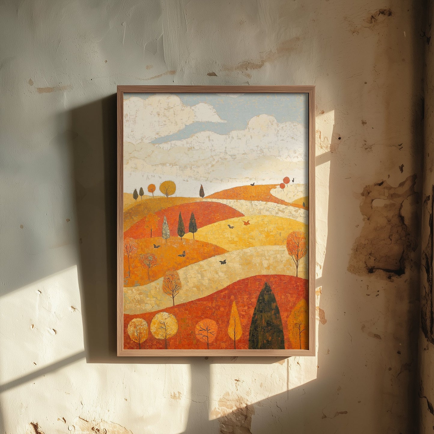 Rolling Hills Landscape Art Print - Butterfly Meadow Poster - Folk Art Painting - Melon Umber and Quartz 2/3