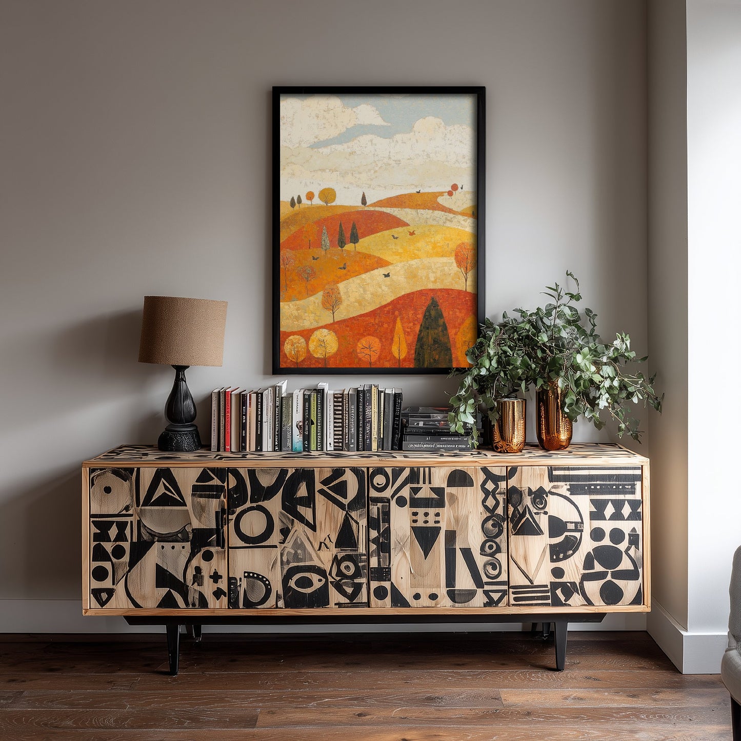 Rolling Hills Landscape Art Print - Butterfly Meadow Poster - Folk Art Painting - Melon Umber and Quartz 2/3