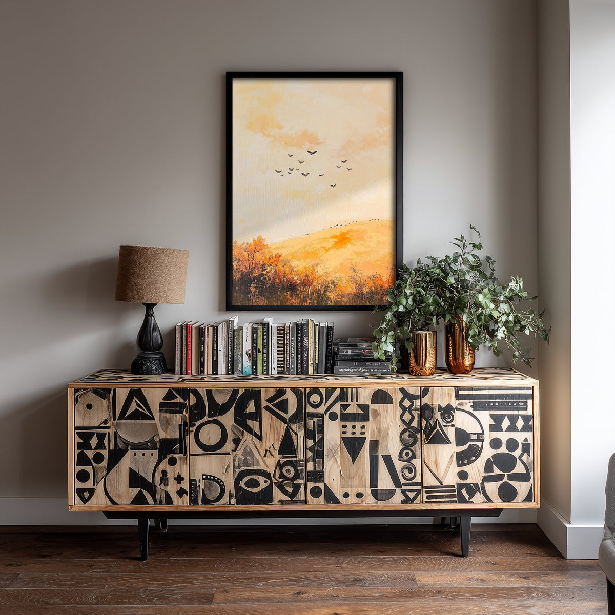 Rolling Hills Landscape Art Print - Butterfly Meadow Poster - Folk Art Painting - Melon Umber and Quartz 3/3