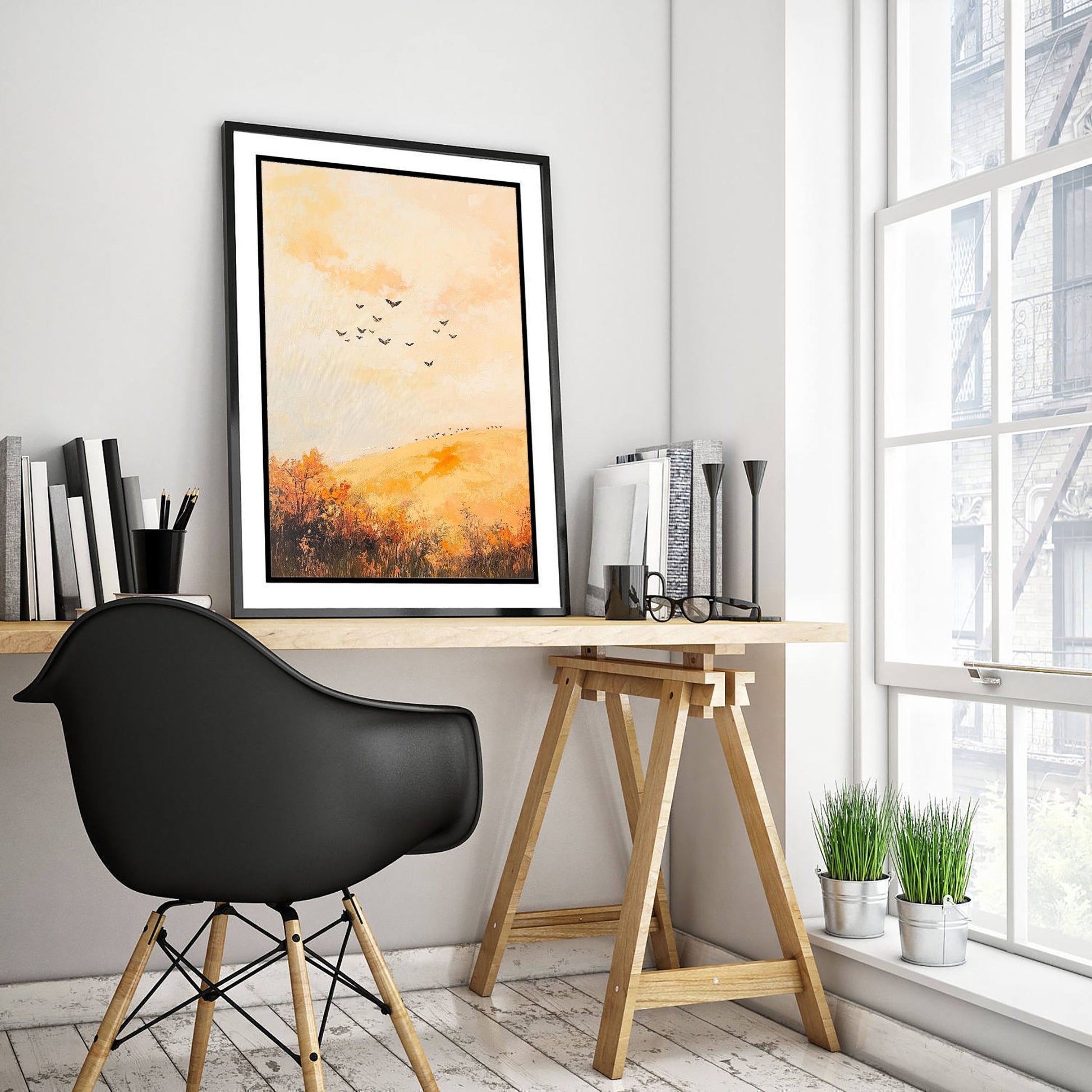 Rolling Hills Landscape Art Print - Butterfly Meadow Poster - Folk Art Painting - Melon Umber and Quartz 3/3