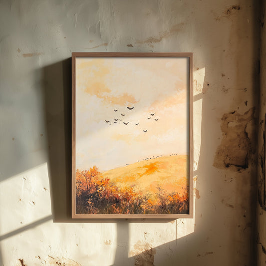 Rolling Hills Landscape Art Print - Butterfly Meadow Poster - Folk Art Painting - Melon Umber and Quartz 3/3