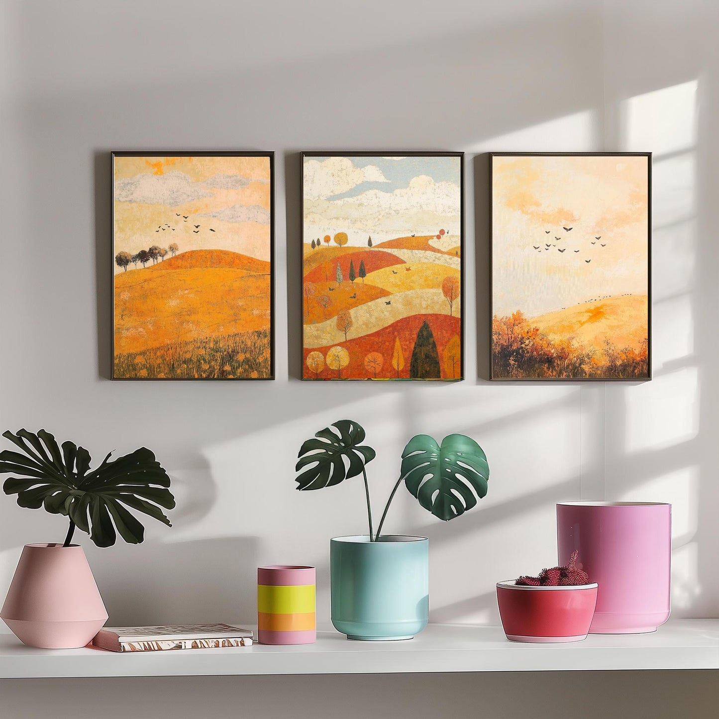 Rolling Hills Butterfly Set of Three Art Prints - Melon Umber and Quartz - Folk Meadow Poster Illustration Gift