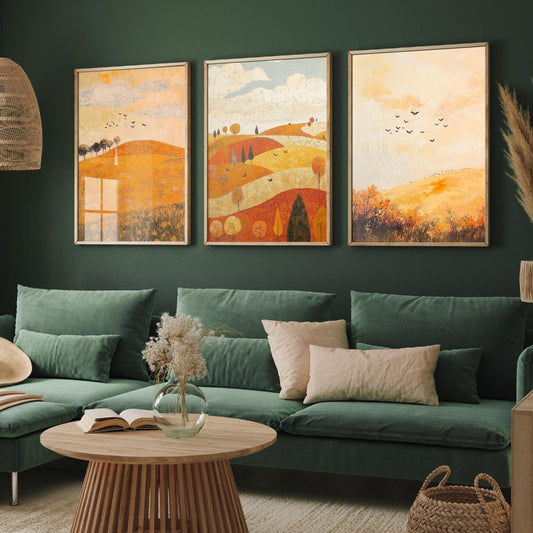 Rolling Hills Butterfly Set of Three Art Prints - Melon Umber and Quartz - Folk Meadow Poster Illustration Gift