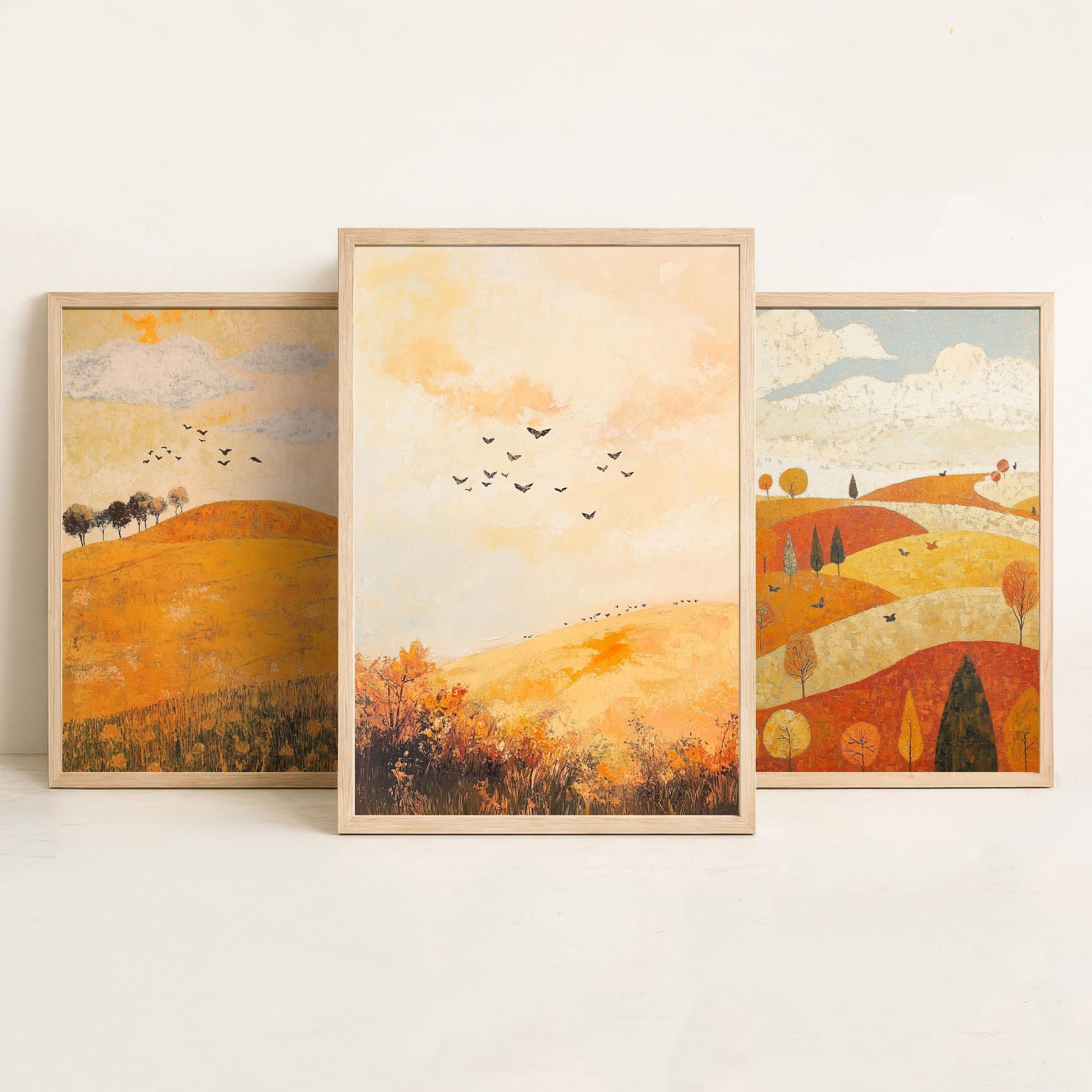 Rolling Hills Butterfly Set of Three Art Prints - Melon Umber and Quartz - Folk Meadow Poster Illustration Gift