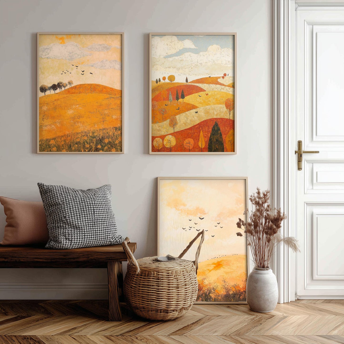 Rolling Hills Butterfly Set of Three Art Prints - Melon Umber and Quartz - Folk Meadow Poster Illustration Gift