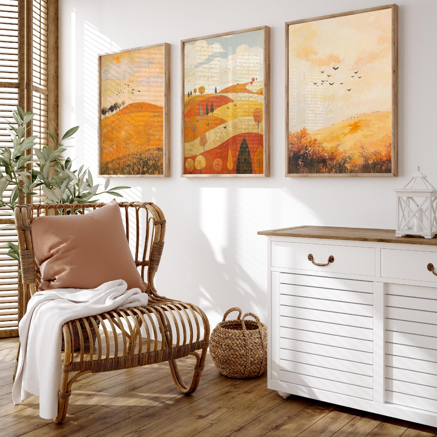Rolling Hills Butterfly Set of Three Art Prints - Melon Umber and Quartz - Folk Meadow Poster Illustration Gift