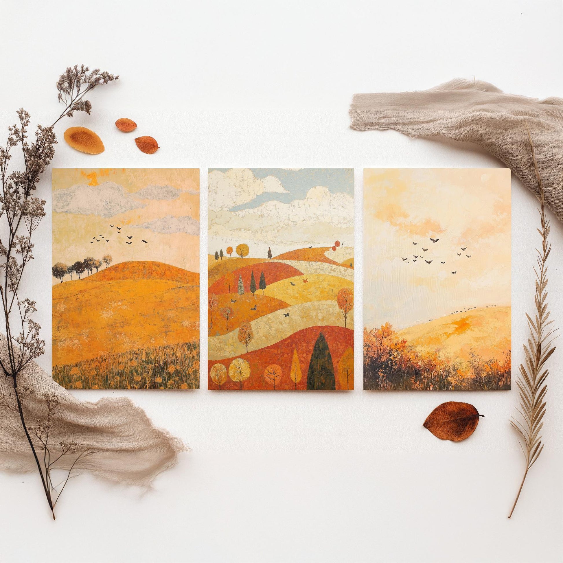 Rolling Hills Butterfly Set of Three Art Prints - Melon Umber and Quartz - Folk Meadow Poster Illustration Gift