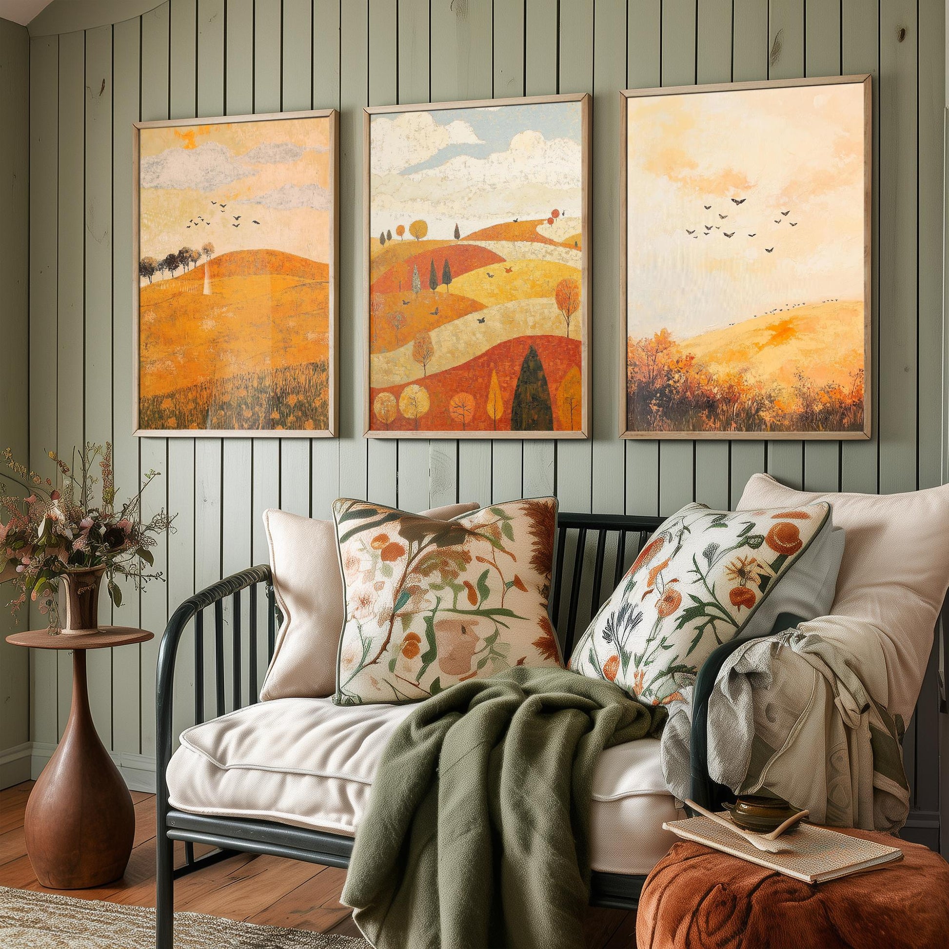 Rolling Hills Butterfly Set of Three Art Prints - Melon Umber and Quartz - Folk Meadow Poster Illustration Gift