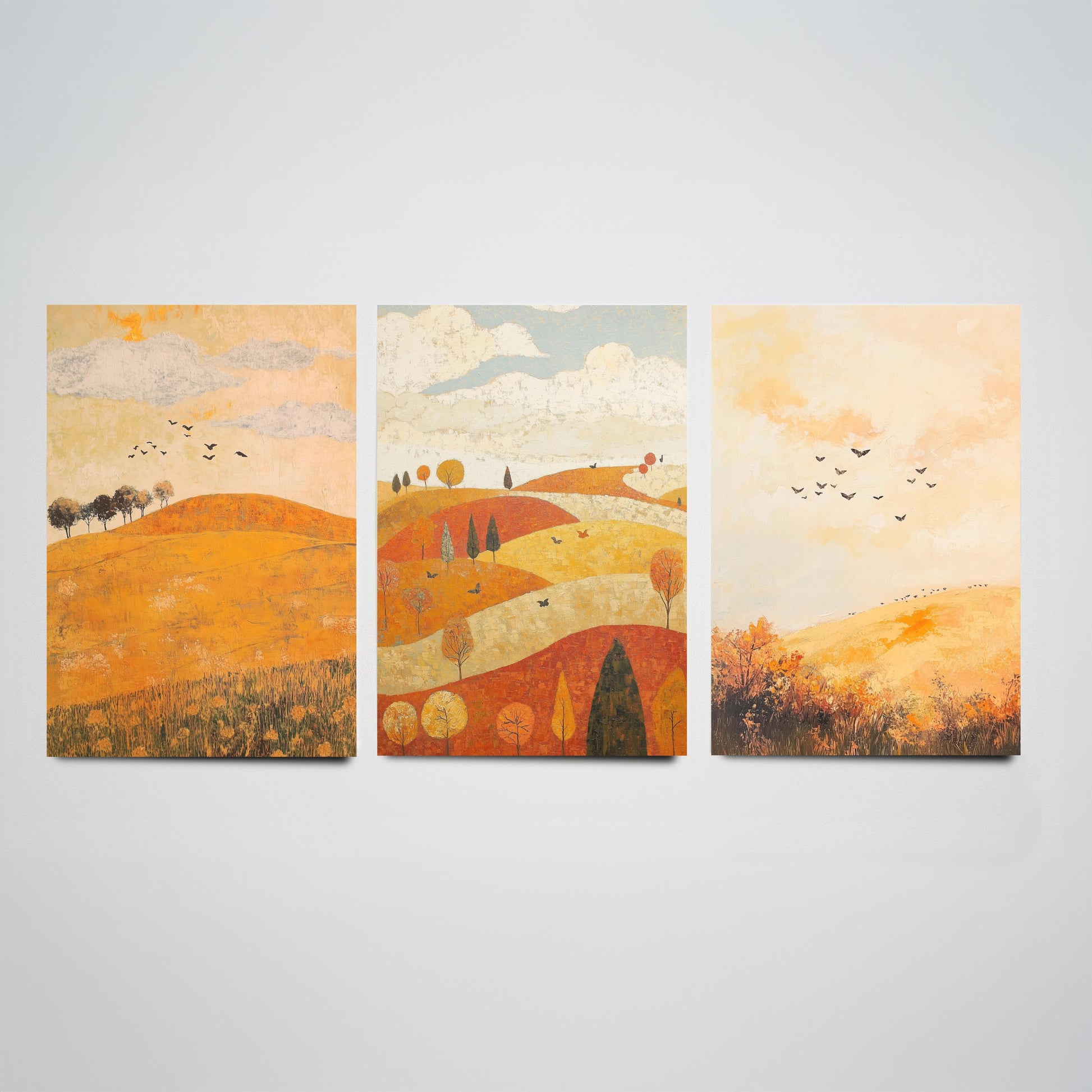 Rolling Hills Butterfly Set of Three Art Prints - Melon Umber and Quartz - Folk Meadow Poster Illustration Gift