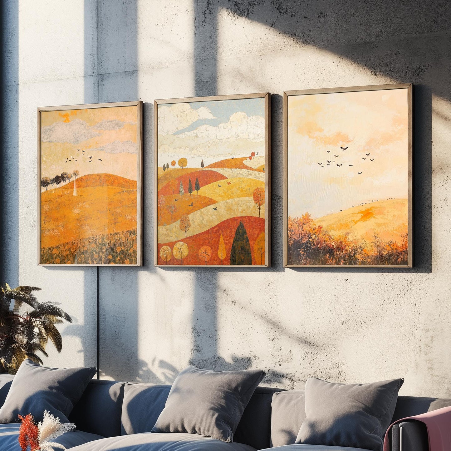 Rolling Hills Butterfly Set of Three Art Prints - Melon Umber and Quartz - Folk Meadow Poster Illustration Gift