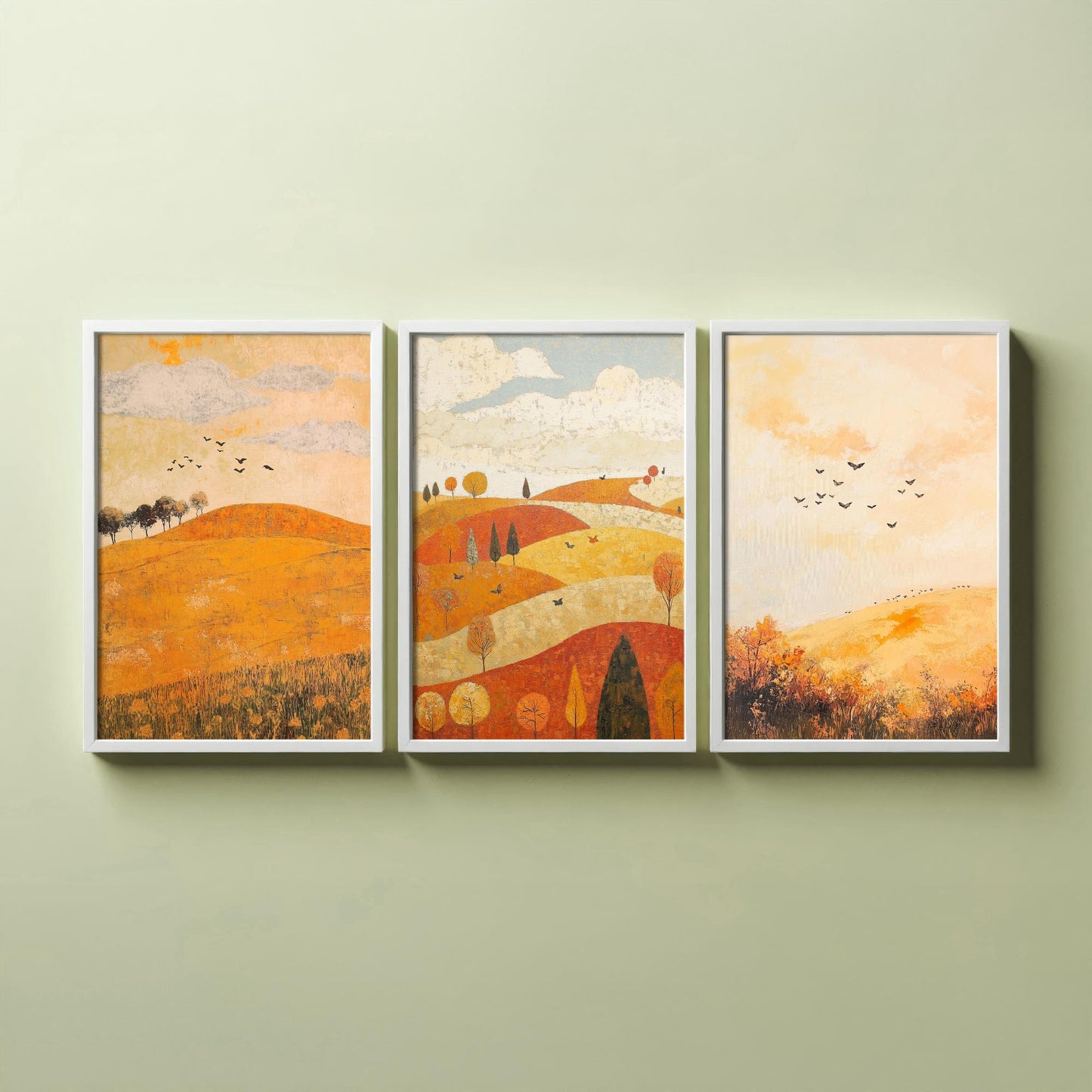 Rolling Hills Butterfly Set of Three Art Prints - Melon Umber and Quartz - Folk Meadow Poster Illustration Gift