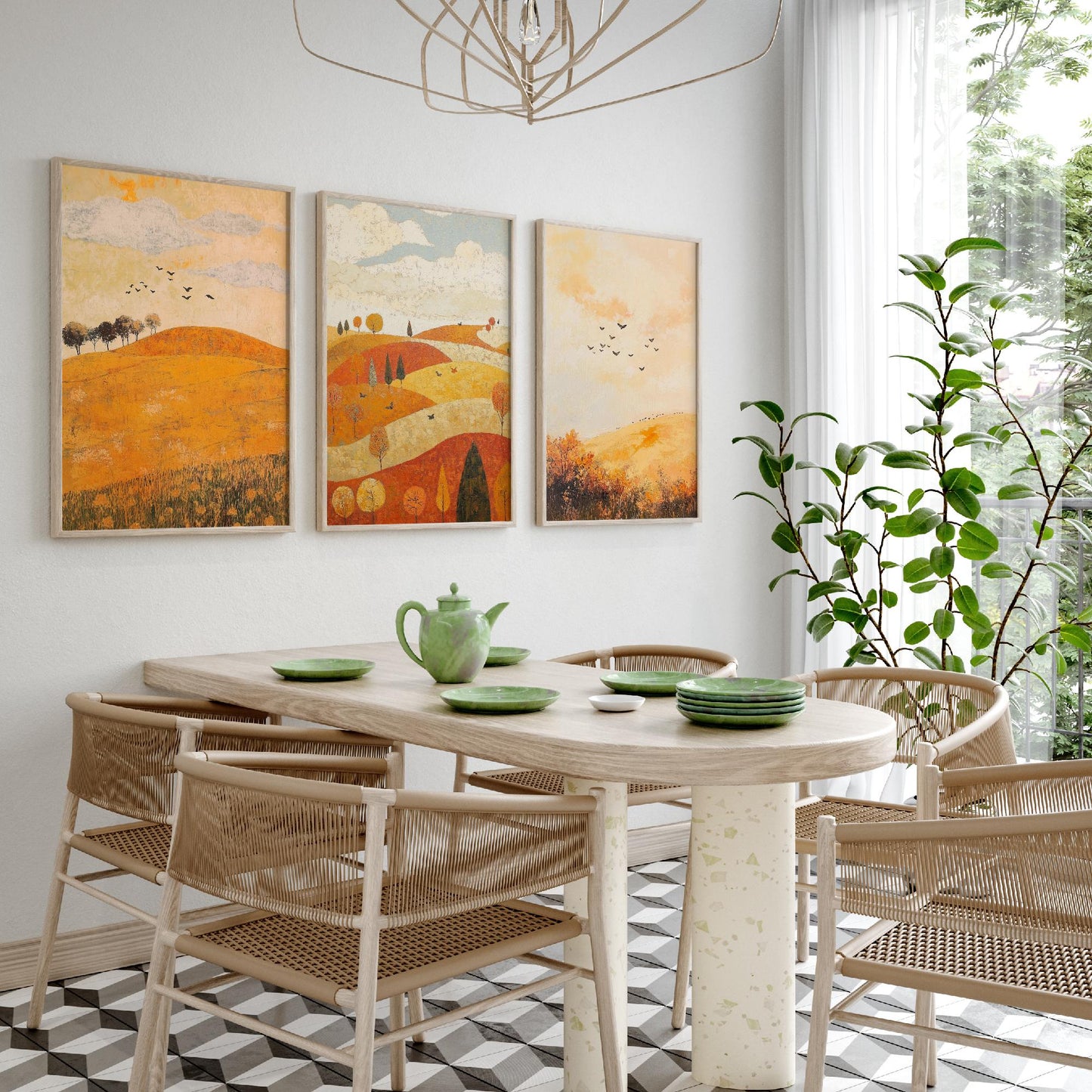 Rolling Hills Butterfly Set of Three Art Prints - Melon Umber and Quartz - Folk Meadow Poster Illustration Gift