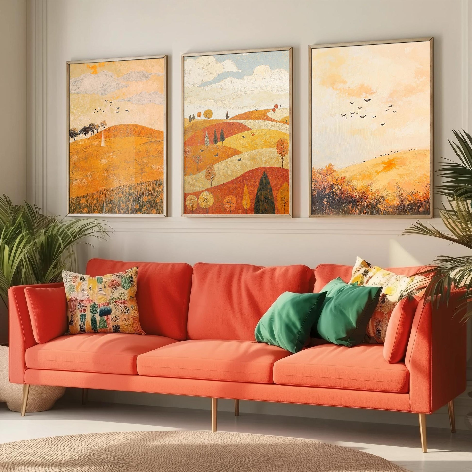 Rolling Hills Butterfly Set of Three Art Prints - Melon Umber and Quartz - Folk Meadow Poster Illustration Gift