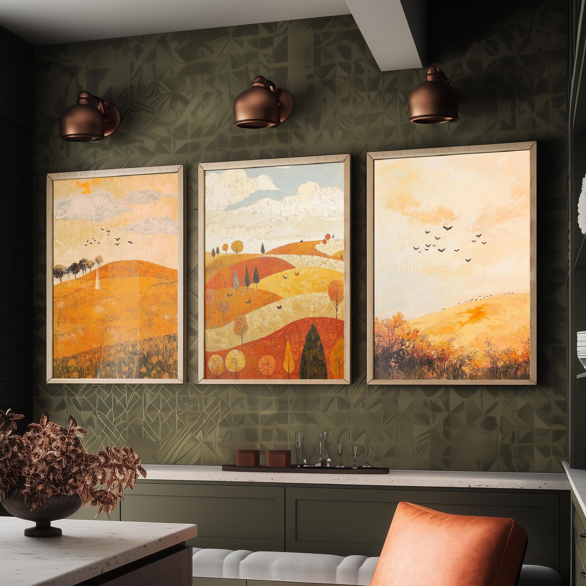 Rolling Hills Butterfly Set of Three Art Prints - Melon Umber and Quartz - Folk Meadow Poster Illustration Gift