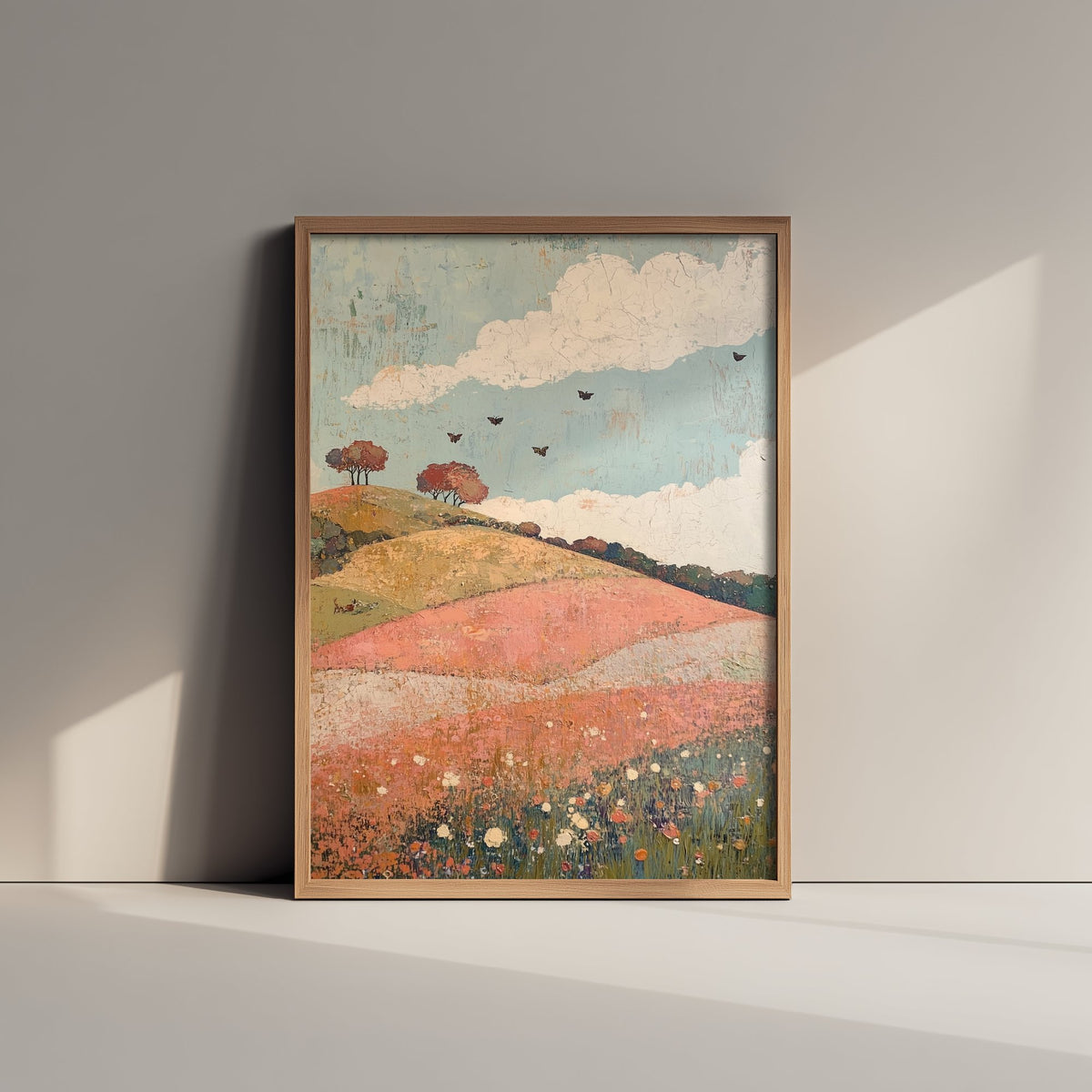 Rolling Hills Landscape Art Print - Butterfly Meadow Poster - Folk Art Painting - Moss Plum and Blush 1/3